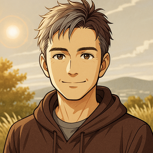 笑顔が爽やかな50代男性の漫画風イラスト｜カジュアルな服装で親しみやすさと優しさが伝わるプロフィール画像