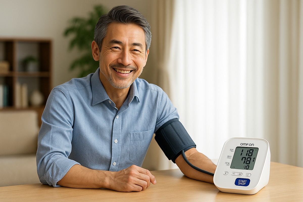 50代の日本人男性が自宅で血圧を測定し、安心した笑顔を見せている様子