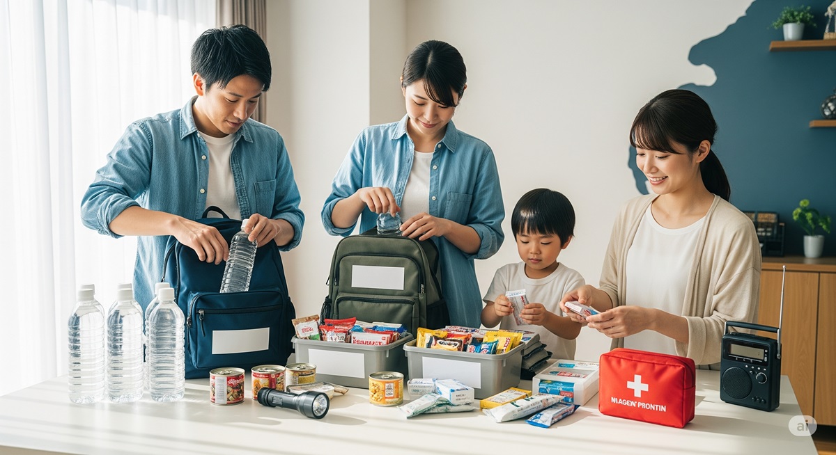 日本人の家族が防災グッズを準備している様子。水や保存食、懐中電灯、救急セットなどを用意し、災害対策を行っている。