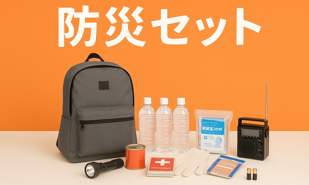 オレンジ色の背景に、防災セット（リュック、水、缶詰、懐中電灯、救急セット、手袋、ラジオ、乾電池）が整然と並べられている様子。