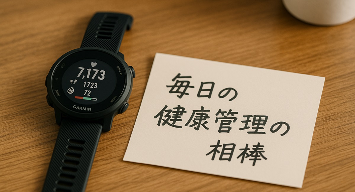 Garmin Forerunner 55と『毎日の健康管理の相棒』と書かれたカードが並んだ写真
