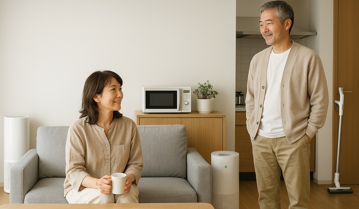 50代の日本人夫婦が明るいリビングでくつろぎながら、空気清浄機や電子レンジなど生活家電に囲まれて快適に過ごしている様子