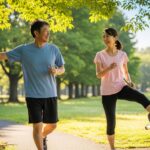 50代の日本人男女が公園でジョギングやストレッチを楽しみながら、健康習慣を実践している様子。