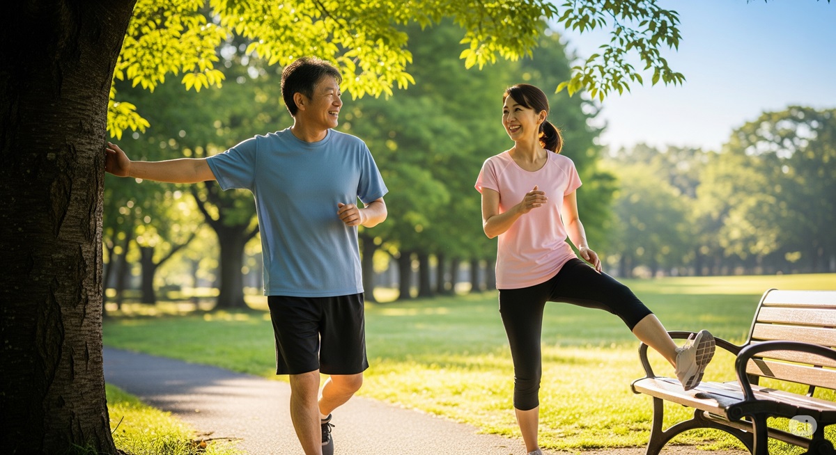 50代の日本人男女が公園でジョギングやストレッチを楽しみながら、健康習慣を実践している様子。