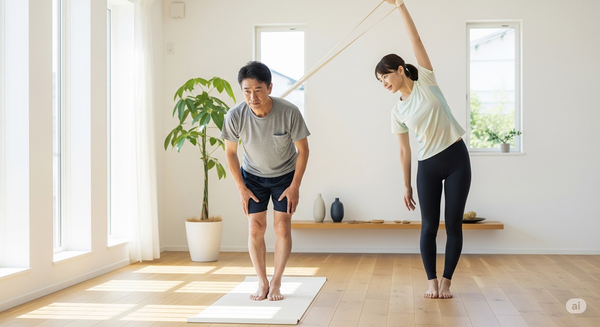 中高年の日本人男性と若い日本人女性が、明るくモダンな室内で、腰痛や姿勢改善のためにストレッチや軽い運動をしている様子を捉えた写真。