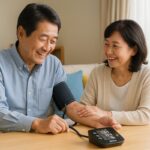 50代の日本人夫婦が自宅で血圧を測定しながら笑顔で会話している様子