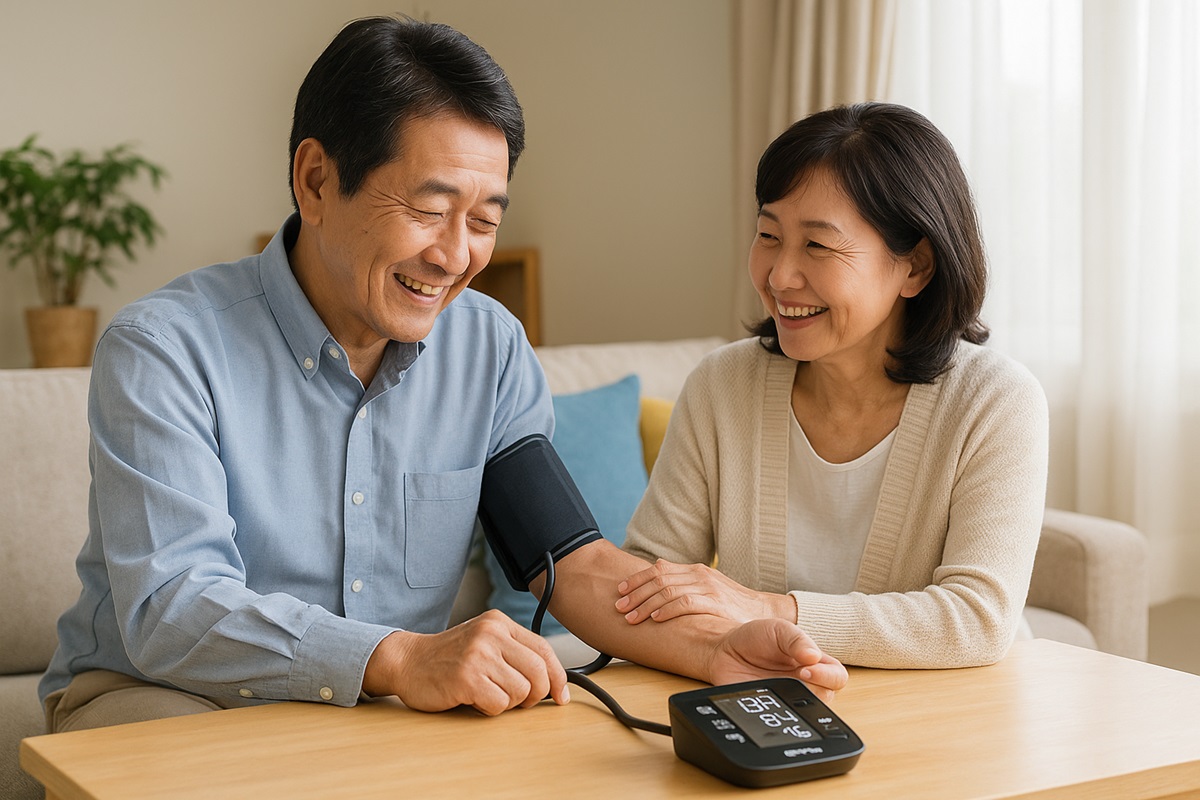50代の日本人夫婦が自宅で血圧を測定しながら笑顔で会話している様子