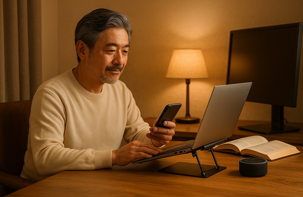 自宅の書斎でノートパソコンとスマホを使う50代男性。温かい照明と整ったデスク環境が、快適なデジタル生活を表現している。