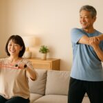明るいリビングで50代の男女がストレッチやフィットネスを楽しんでいる様子。健康的で温かい雰囲気が伝わる光景。