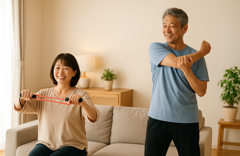 明るいリビングで50代の男女がストレッチやフィットネスを楽しんでいる様子。健康的で温かい雰囲気が伝わる光景。
