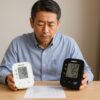50代の日本人男性がオムロンの血圧計HCR-7104とHEM-7120を手に取り、性能を比較している様子
