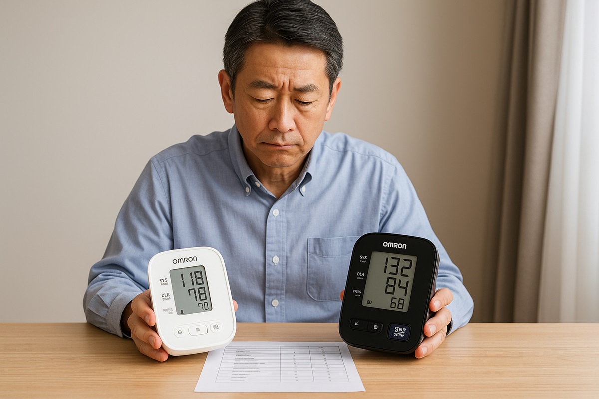50代の日本人男性がオムロンの血圧計HCR-7104とHEM-7120を手に取り、性能を比較している様子