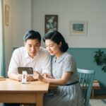 50代夫婦がスマートフォンスタンドに置いたスマホを一緒に見ている様子。明るい部屋で快適にデジタル生活を楽しんでいるシーン