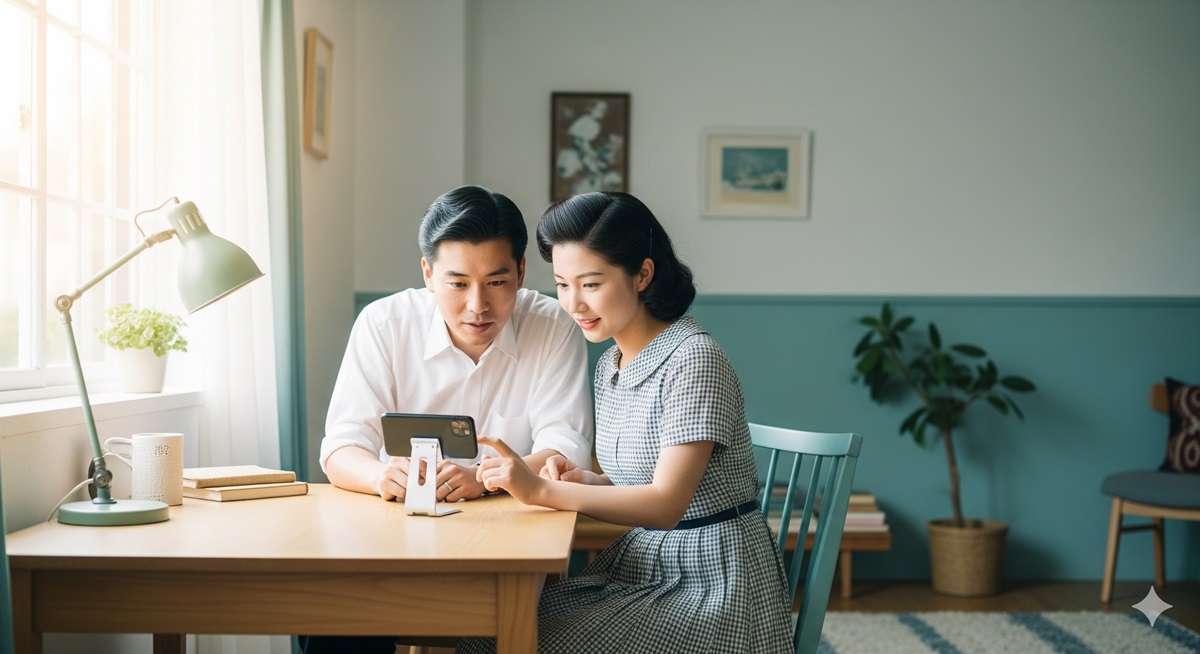 50代夫婦がスマートフォンスタンドに置いたスマホを一緒に見ている様子。明るい部屋で快適にデジタル生活を楽しんでいるシーン