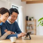 50代の日本人夫婦がリビングでスマートフォンスタンドを使い、笑顔でスマホを操作している様子。自然光の差し込む明るい部屋で快適なデジタル生活を楽しんでいるシーン