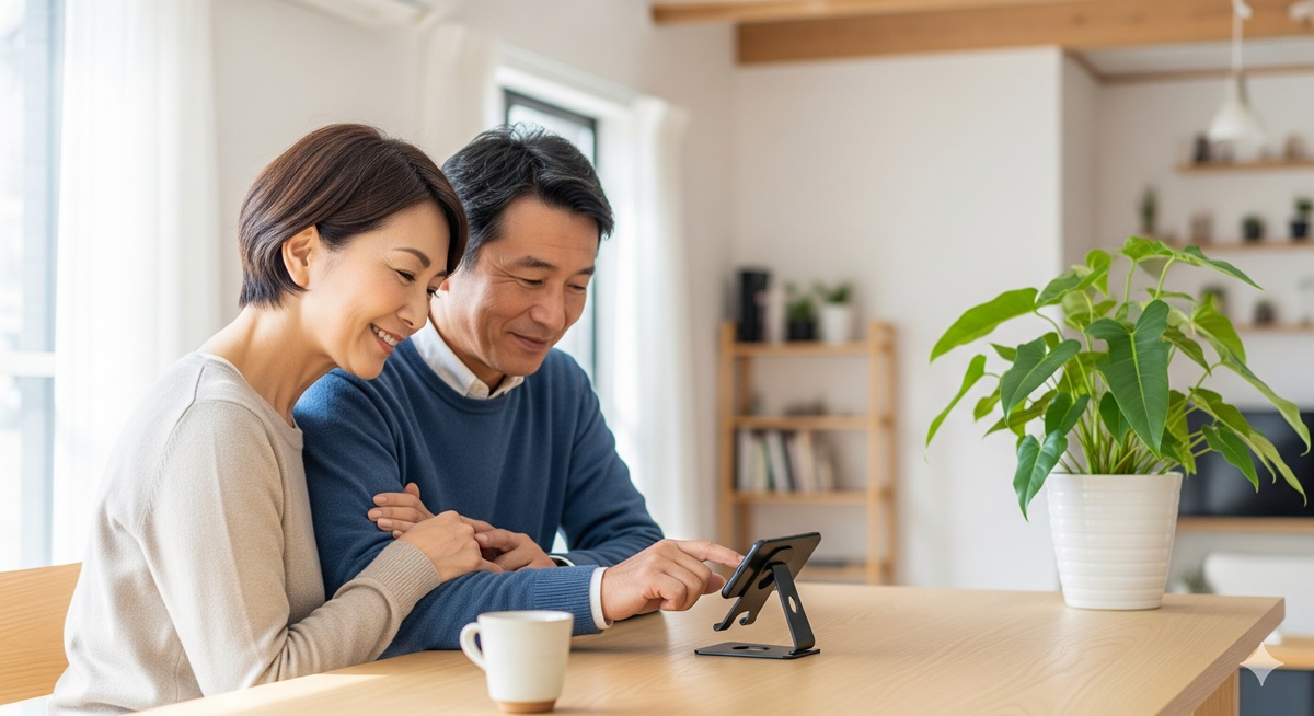 50代の日本人夫婦がリビングでスマートフォンスタンドを使い、笑顔でスマホを操作している様子。自然光の差し込む明るい部屋で快適なデジタル生活を楽しんでいるシーン