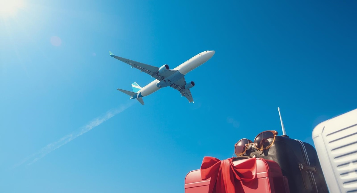 青空を飛ぶ飛行機と、下部に置かれた旅行用のボストンバッグやスーツケースを写した旅行・グッズカテゴリー用の画像